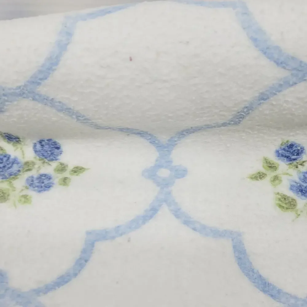 Vintage Twin Sized Floral Satin Trim Fleece Blanket Blue Rose Moroccan Printed